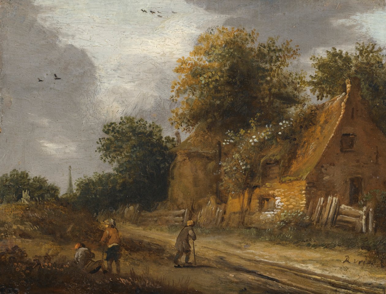 コテージ前の道を通る3人の人物 作： Roelof Jansz van Vries