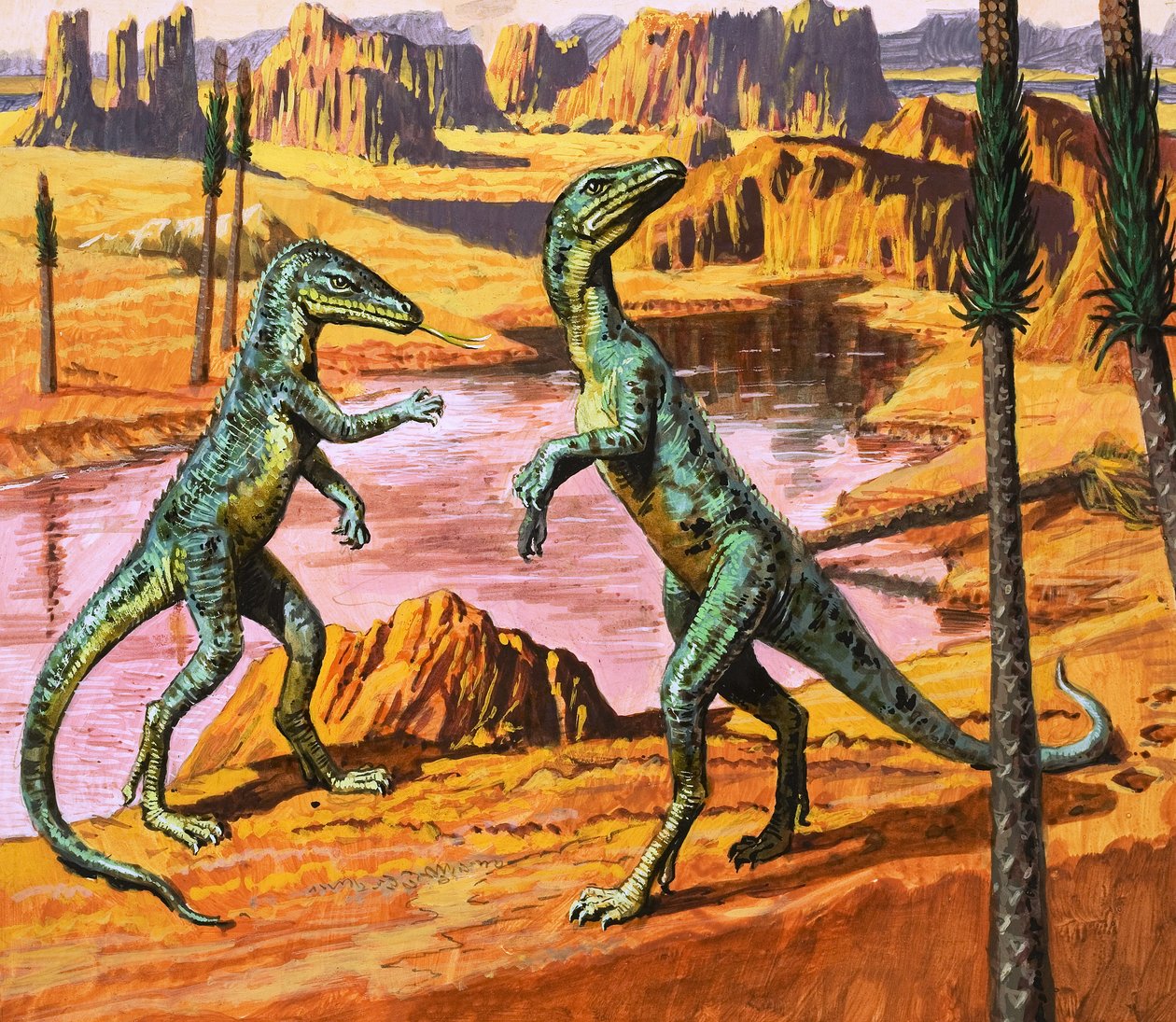 サルトポスカス、「恐竜の時代、砂漠での発見」からのイラスト、1980年（紙にグワッシュ） 作： ロジャー・ペイン