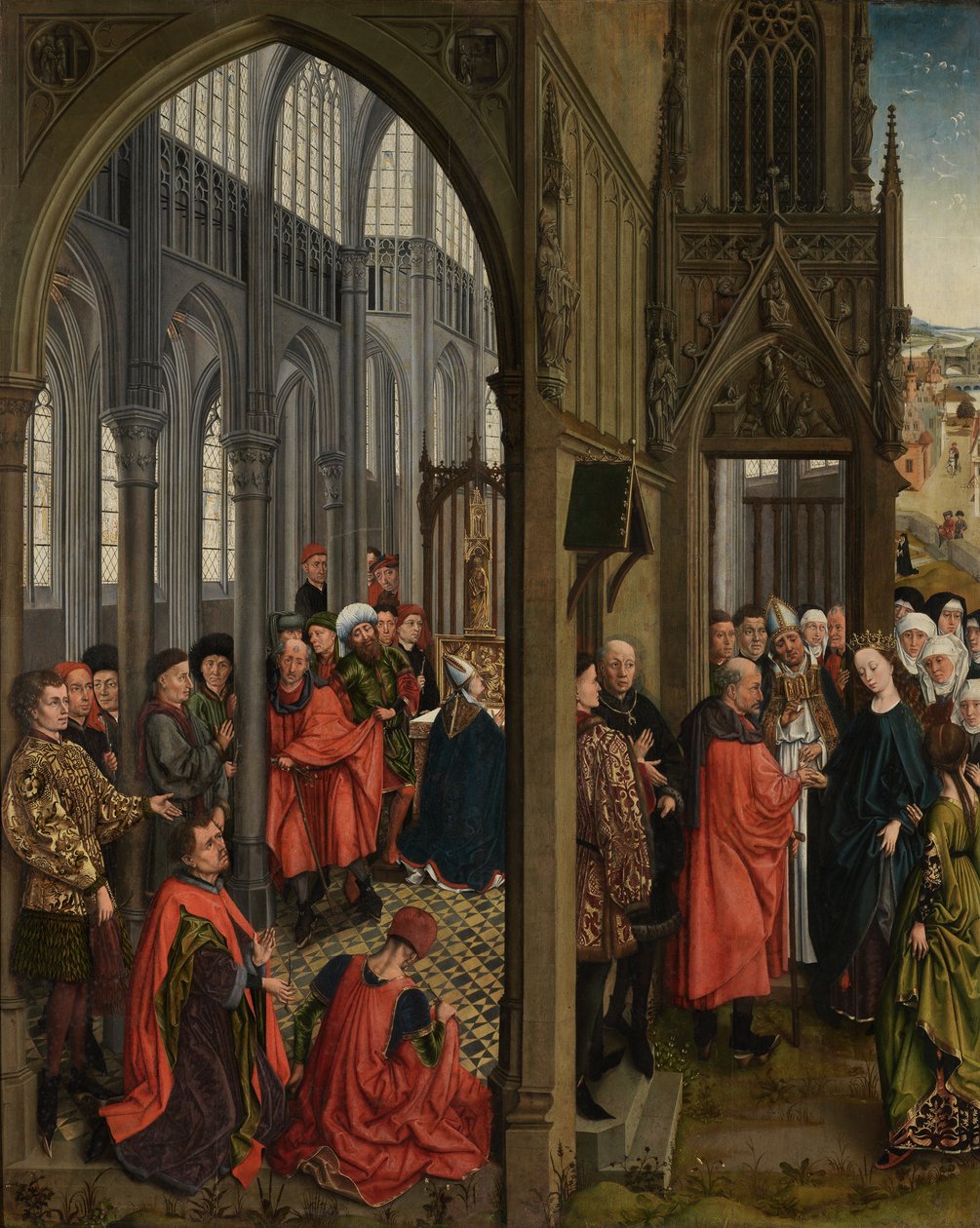 ジョセフのロッドの開花と聖母の婚約（パネルに油彩） 作： Rogier van der（のフォロワー）Weyden