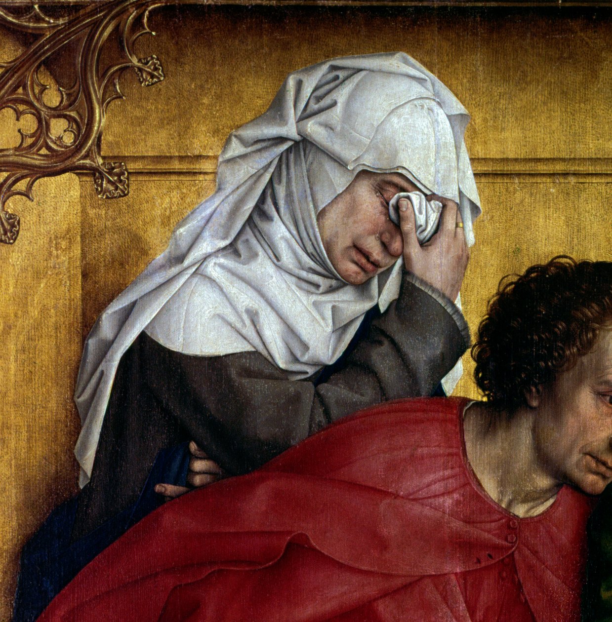 十字架の下降や降下。涙を流すキャラクターのディテール。Rogier Altarpiece (Roger) Van Der Weyden (1400-1464) 1435年 Dim.2,20 x 0,35 m Madrid, Musee du Prado - 「十字架の下降または降下」。喪服の文字の詳細。Altarpi 作： ロジェ・ファン・デル・ウェイデン