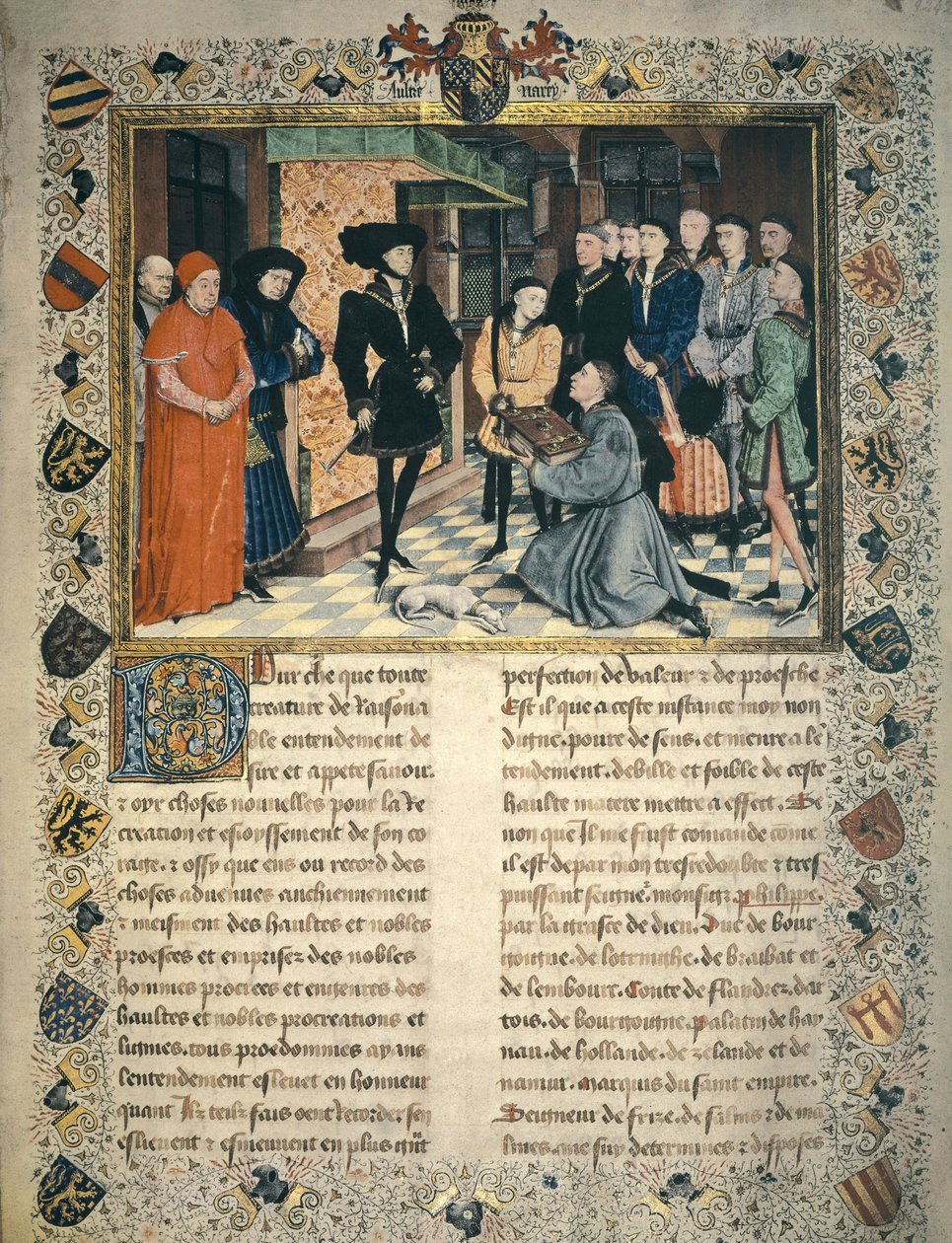 Jean Wauquelin (1452 年没) はエノー年代記の翻訳をブルゴーニュ公フィリップ 3 世に贈呈 作： ロジェ・ファン・デル・ウェイデン