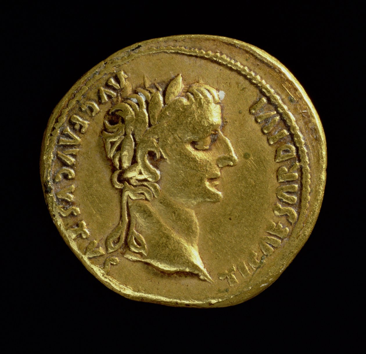 ティレリウス（AD 14〜AD37）の頭に月桂冠をかぶったアウレウス（表側）。碑文：TI CAESAR DIVI AVG F AVGVSTVS（ゴールド）（逆は119138を参照） 作： 小説