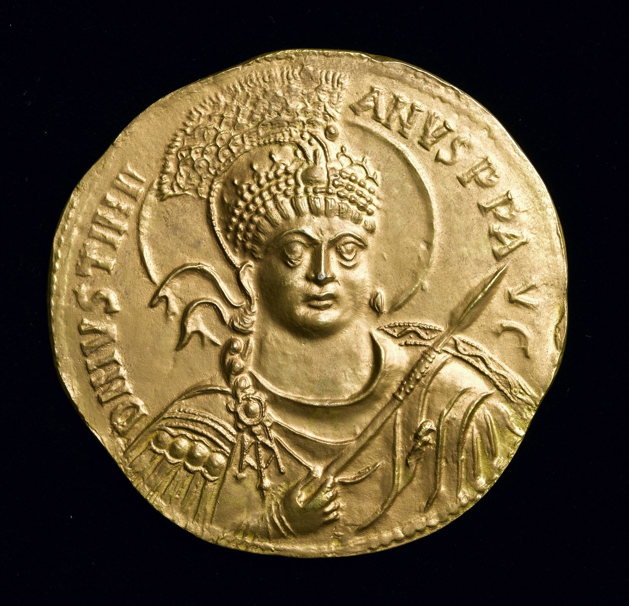 ユスティニアヌス帝の大金メダルI（527-65 AD）表紙のコピー、C.534 AD（electrotype）（257495を参照） 作： 小説