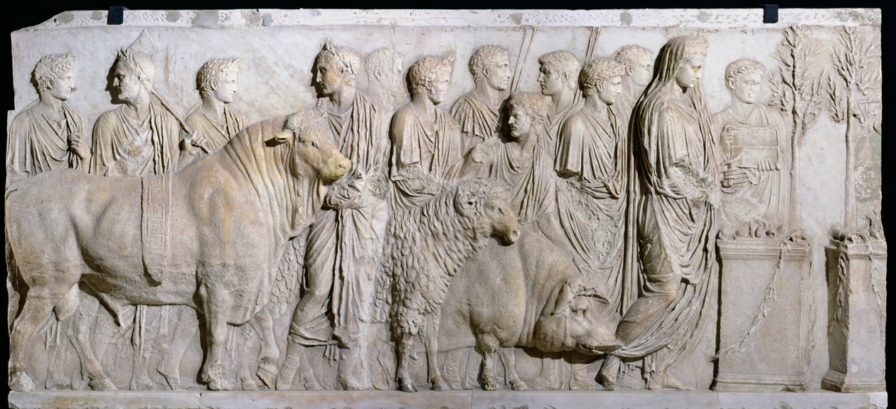 神の火星を称える雄牛、雄羊、豚の犠牲、ローマのネプチューン神殿からのドミティウスアヘノバルブスの祭壇からのフリーズ（詳細） 作： 小説