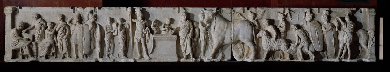 ローマ、ネプチューン神殿のドミティウス・アエノバルバスの祭壇からの火星神、マーズ神に敬意を表して国勢調査と雄牛、雄羊、豚の犠牲を取った 作： 小説