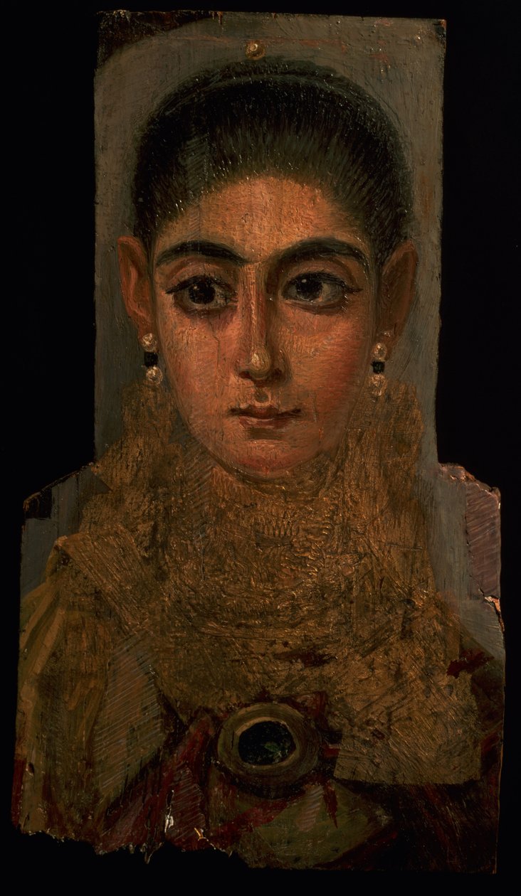 ファイユームの金胸の墓の装飾を身に着けている女性の肖像、西暦120〜130年（木材に腐食性ワックスとペンキを塗る） 作： ローマ時代のエジプト人