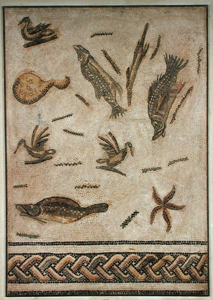 アヒルと海洋動物、チュニジア、ウティカの舗装の断片、3〜4世紀（モザイク） 作： ローマンローマン