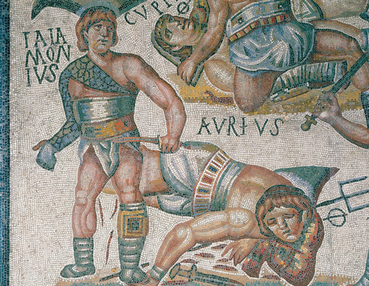 ローマのボルゲーゼ美術館に収容されている剣闘士の戦闘シーンの詳細を示すモザイク 作： ローマンローマン