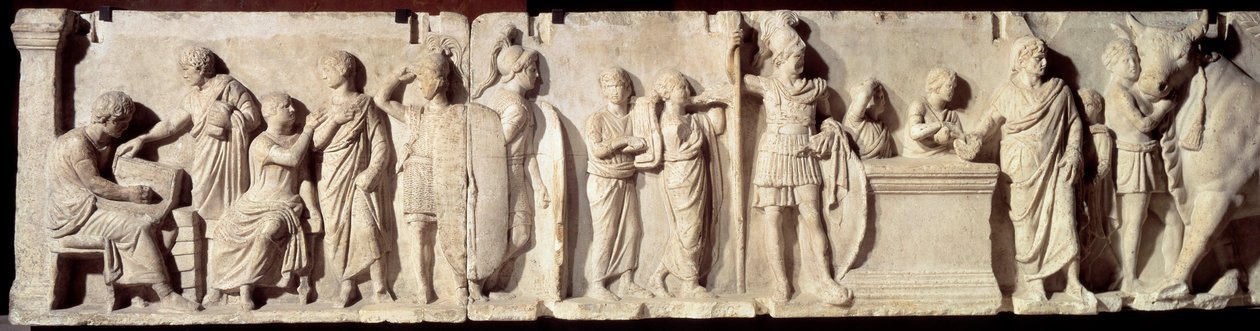 古代ローマ：ドミティウス・アヘノバルブスと呼ばれるレリーフ、国勢調査のエピソード：市民の登録とマルス神への生け贄。紀元前100年頃。日 2m パリ、ルーヴル美術館 作： 小説