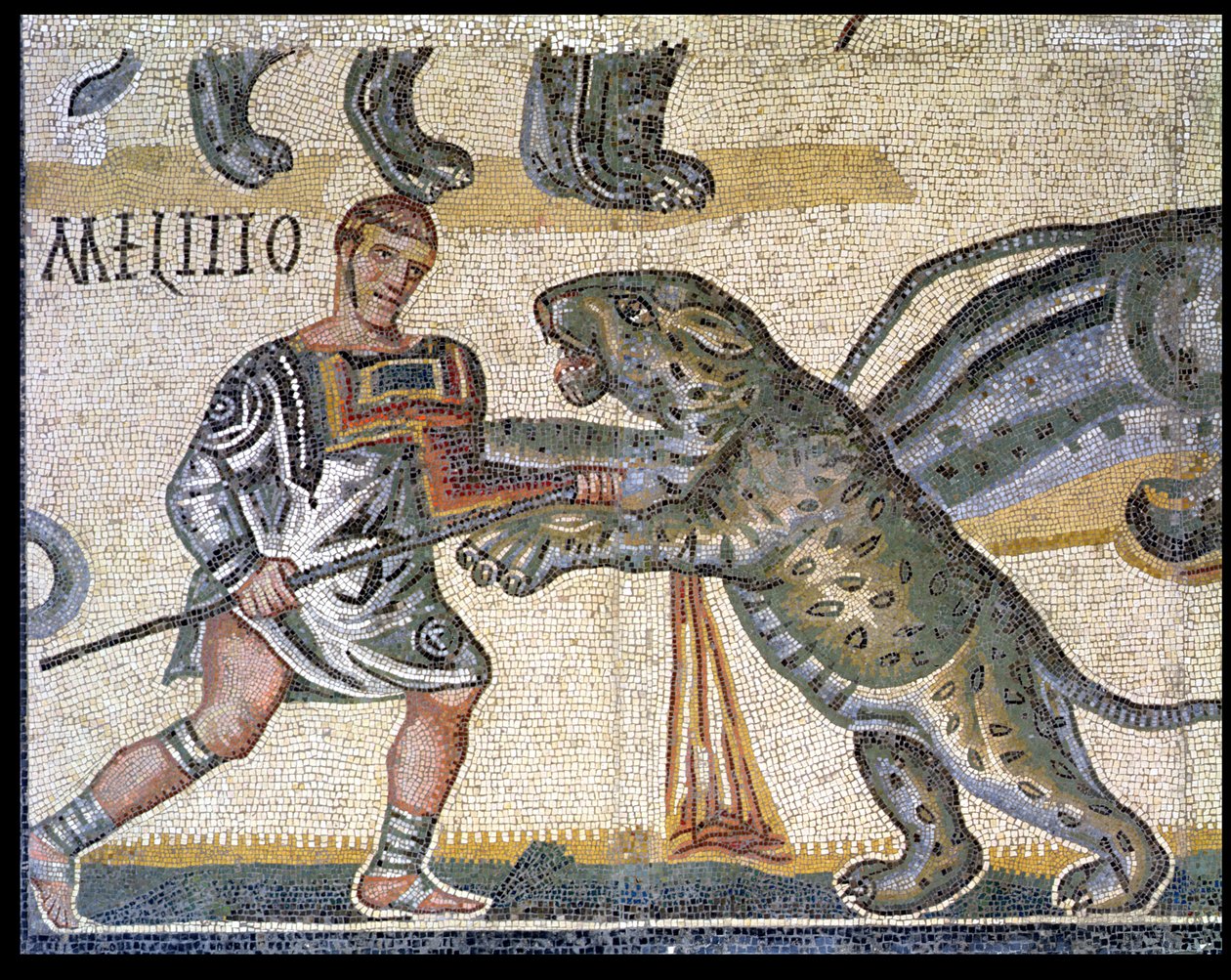 山猫に対する剣闘士の戦い、山猫を駆け抜ける剣闘士の詳細320 AD（モザイク） 作： 小説