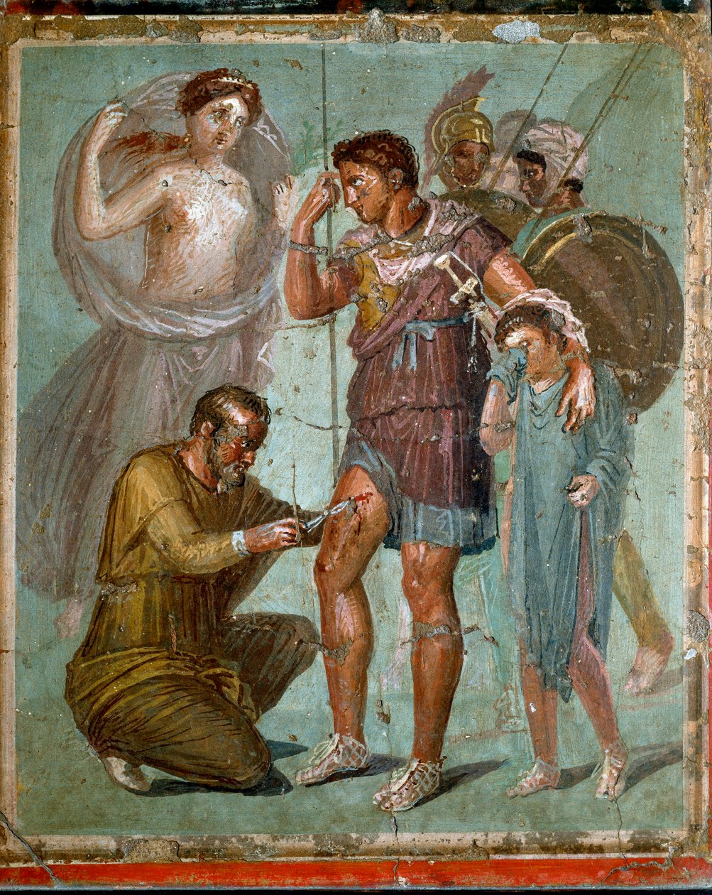 Aeneas, verwundet mit seinem Sohn Iulus, wird vom griechischen Arzt Iapige, Sohn von Iaso, behandelt. Römisches Fresko aus dem 1. Jahrhundert n. Chr. aus Pompeji. Neapel, Nationales Archäologisches Museum - Römische Kunst: Verwundeter Aeneas wird von Iapig von Roman