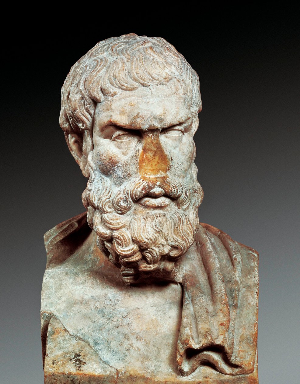 ギリシャの哲学者エピクロス（紀元前341年～紀元前270年頃）の肖像、紀元後100～150年頃（大理石の胸像 作： 小説