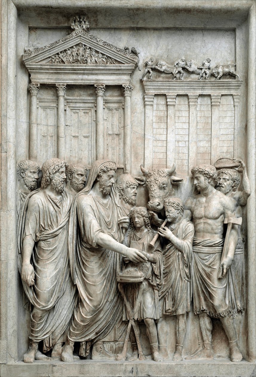 ローマ皇帝マルクス・アウレリウスがジュピター神殿の前で犠牲になっている様子（161～180年頃、ローマ）（大理石のレリーフ