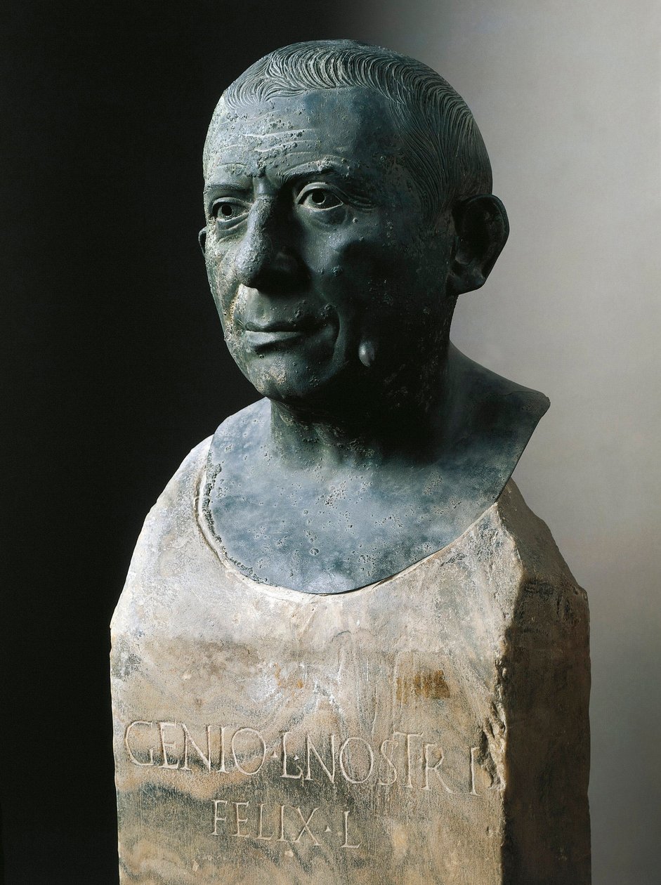 ローマ美術：銀行家Lucius Caecilius Iucundusの胸像（西暦20～69年頃） ブロンズ彫刻。紀元1世紀。ポンペイよりナポリ、ナツィオナル考古学博物館 作： 小説