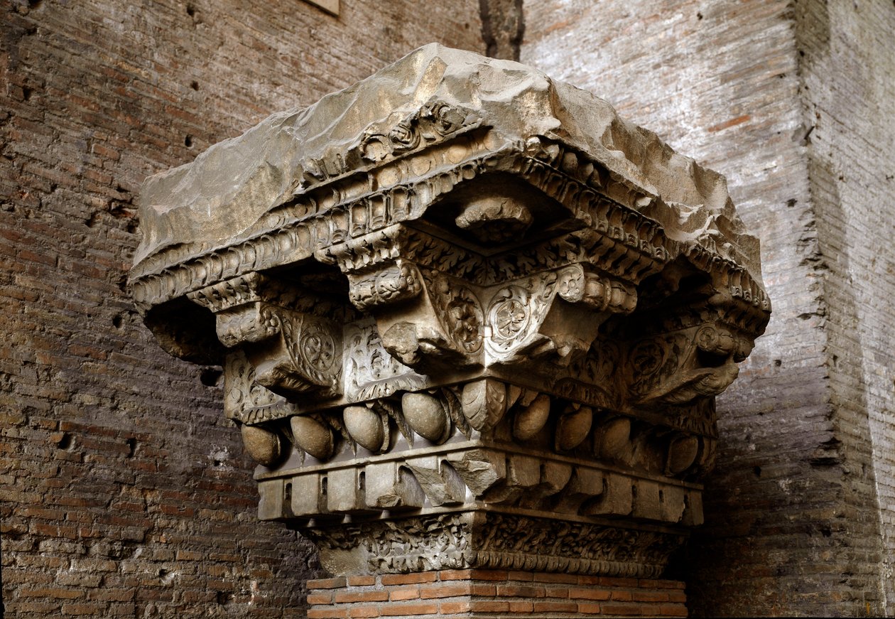 ローマ美術：コーニスの断片。1世紀ローマ国立博物館(o delle Terme)、ローマ 作： 小説