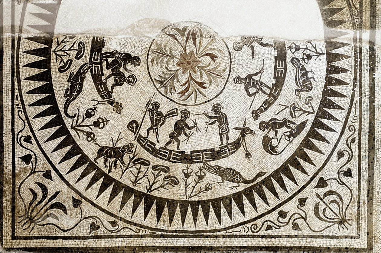 ローマ美術：狩猟と釣りのピグミー。3世紀のモザイク。ローマ国立博物館(o delle Terme) ローマ 作： 小説