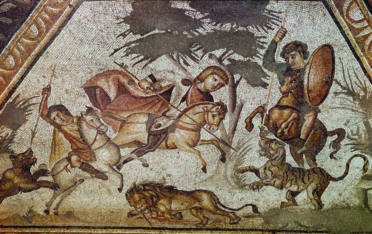 ローマ美術：コンスタンティヌスの別荘「ダフネ」の中庭にあった四季のモザイク画。ライオンと虎の狩りの場面を描いたディテール。Antioche-sur-l