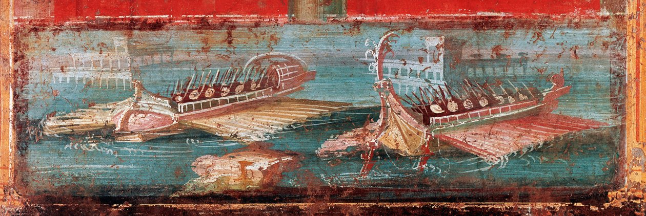 港の入り口に置かれたローマの軍艦（フレスコ画 作： 小説