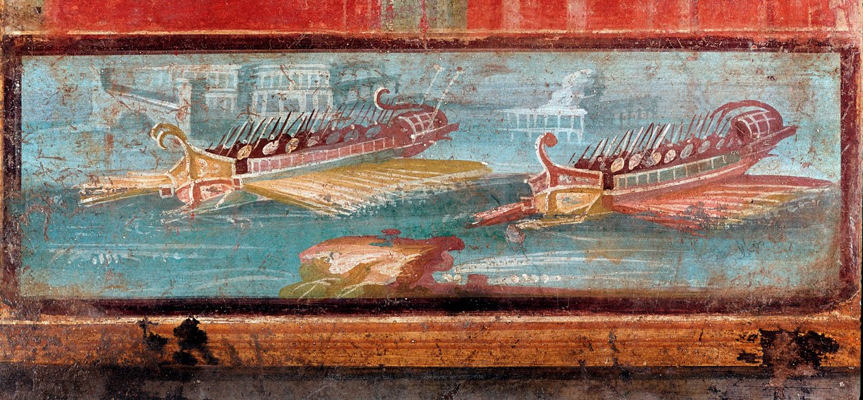 港の入り口に置かれたローマの軍艦（フレスコ画 作： 小説