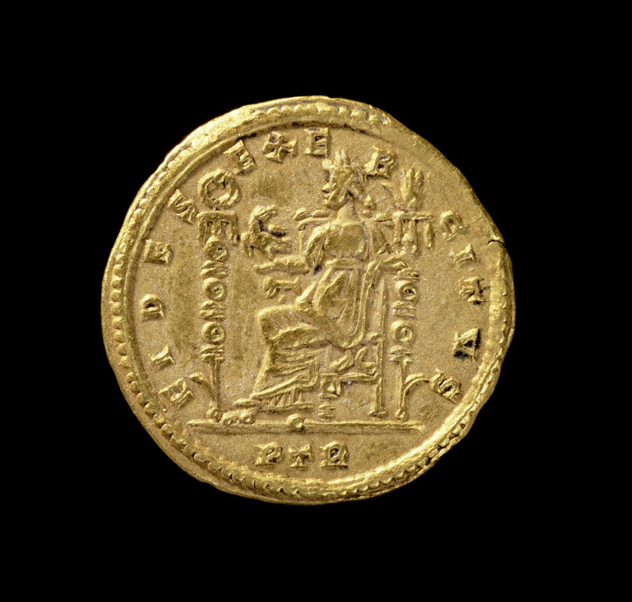 コンスタンティヌス1世のソリダス（逆）、大王（AD 306-AD 337）。碑文：FIDES EXERCITVS（ゴールド）（表側は119150を参照） 作： 小説