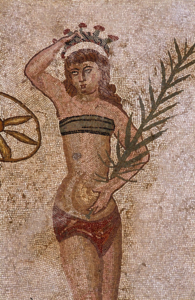 運動に励む若いローマ人たち。腎臓の周りにはふんどし、胸にはストロピウム（ブラジャーのアンセトラ）をつけている。腎臓の周りにパンを巻いている。手にしているヤシの枝は、勝利のシンボルです。3〜4世紀のローマ時代のモザイク（Vi 作： 小説