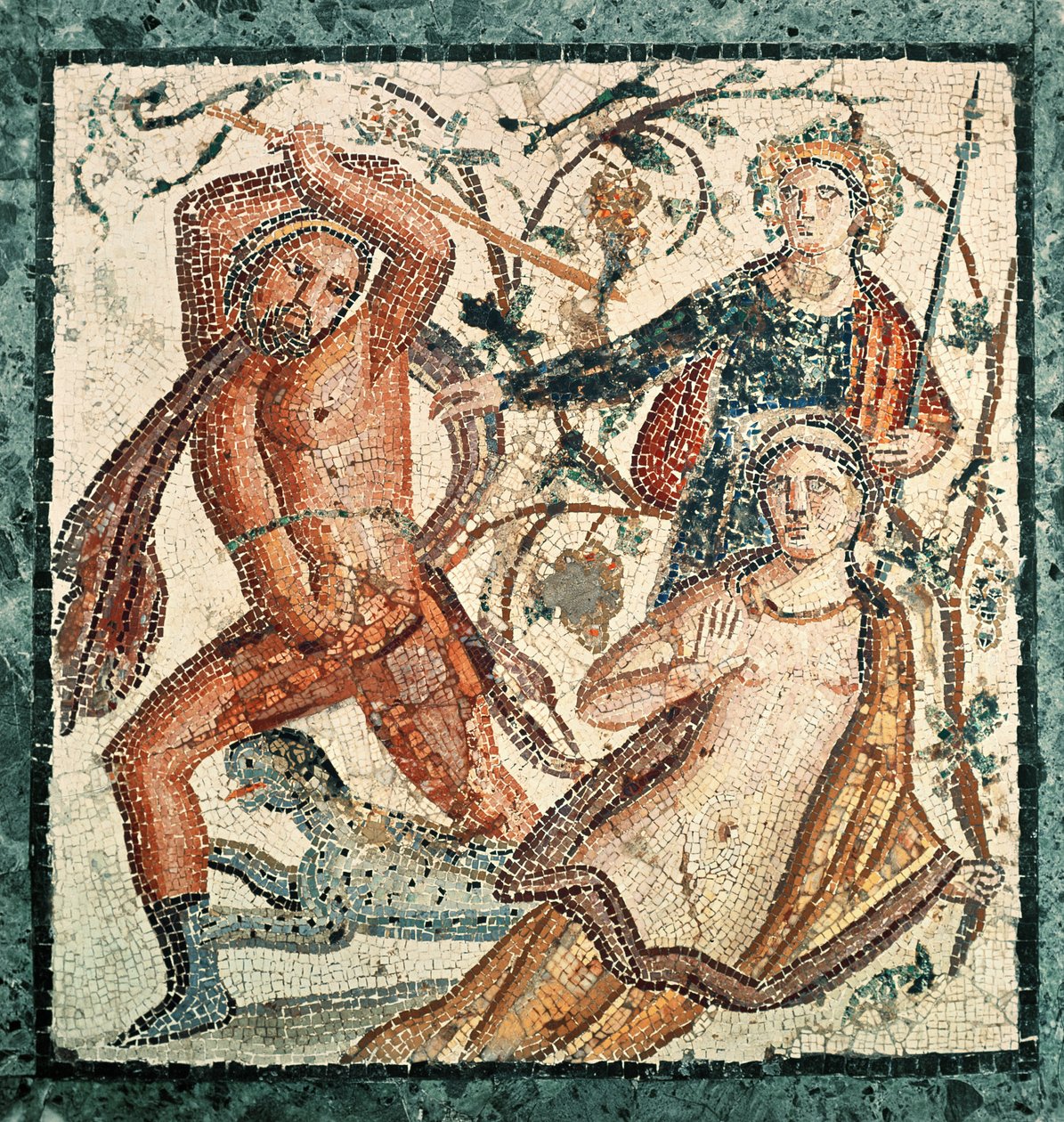ヘルクラネウムのモザイクであるニンフアンブロシアを攻撃するリュウキュウ（50-79 AD） 作： ローマ帝国時代
