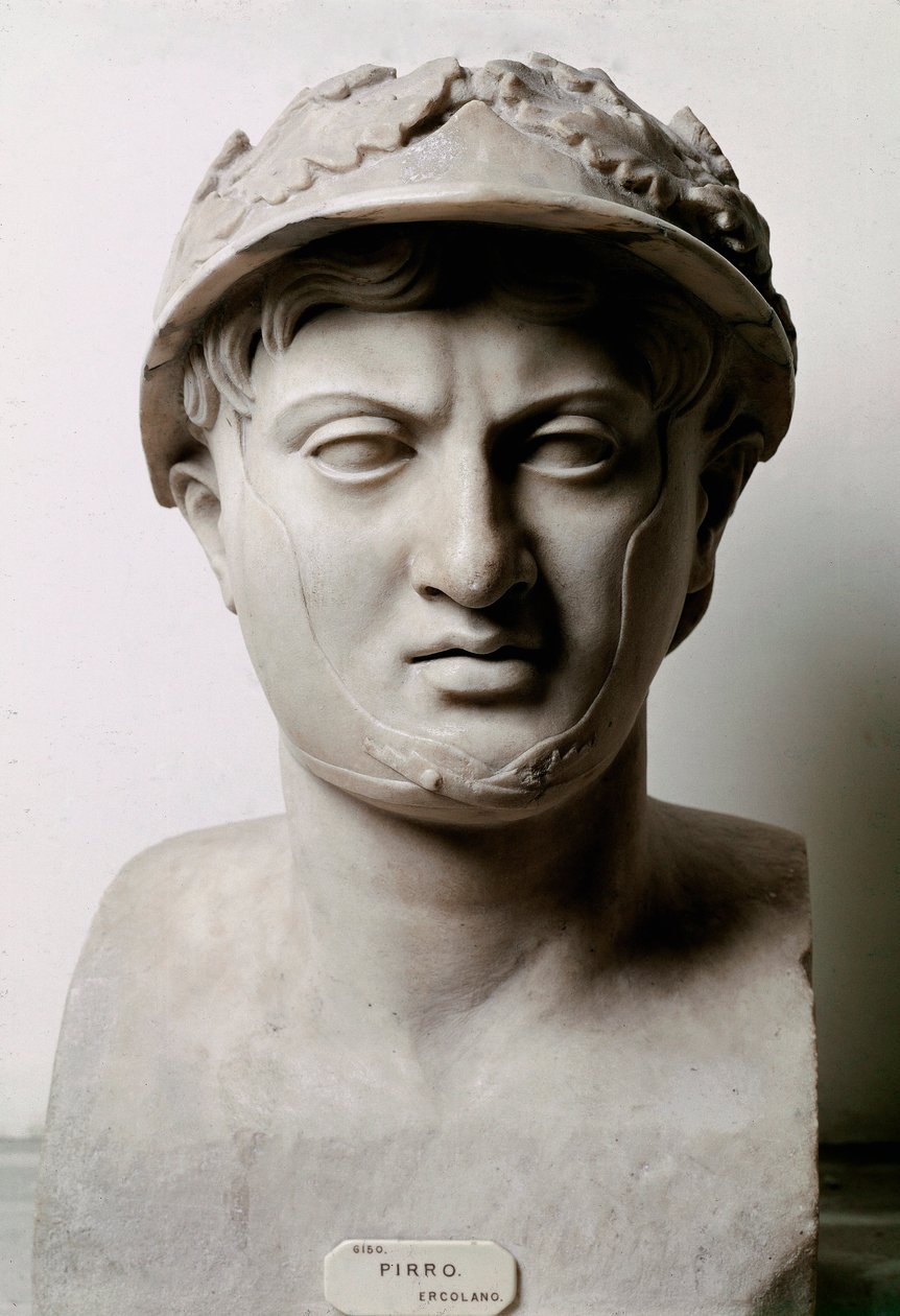 Büste von Pyrrhus I. (oder Pyrrhos) König von Epirus von 306 bis 272 v. Chr. Aus Ercolano (Herculaneum). Nach einem Original von 290 v. Chr. Neapel, Museo Archeologico Nazionale - Büste von Pyrrhus von Epirus (319-272 v. Chr.). Römische Kopie nach dem Orig von Roman Roman