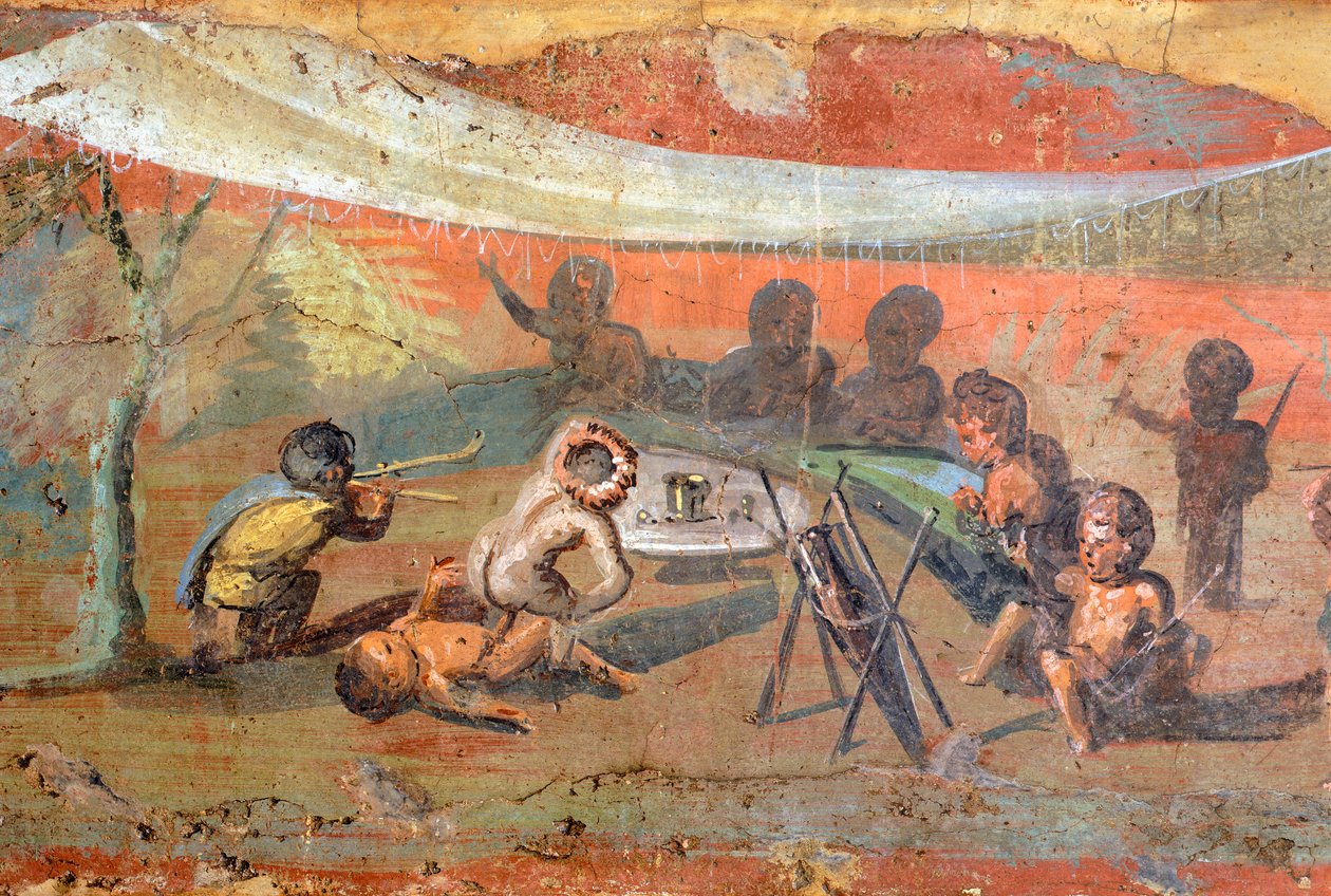 ナイル川沿いの石膏に描かれたピグミー族のいる風景、56x217cm、ユネスコ世界遺産ポンペイ出土の絵画の詳細 作： ローマンローマン