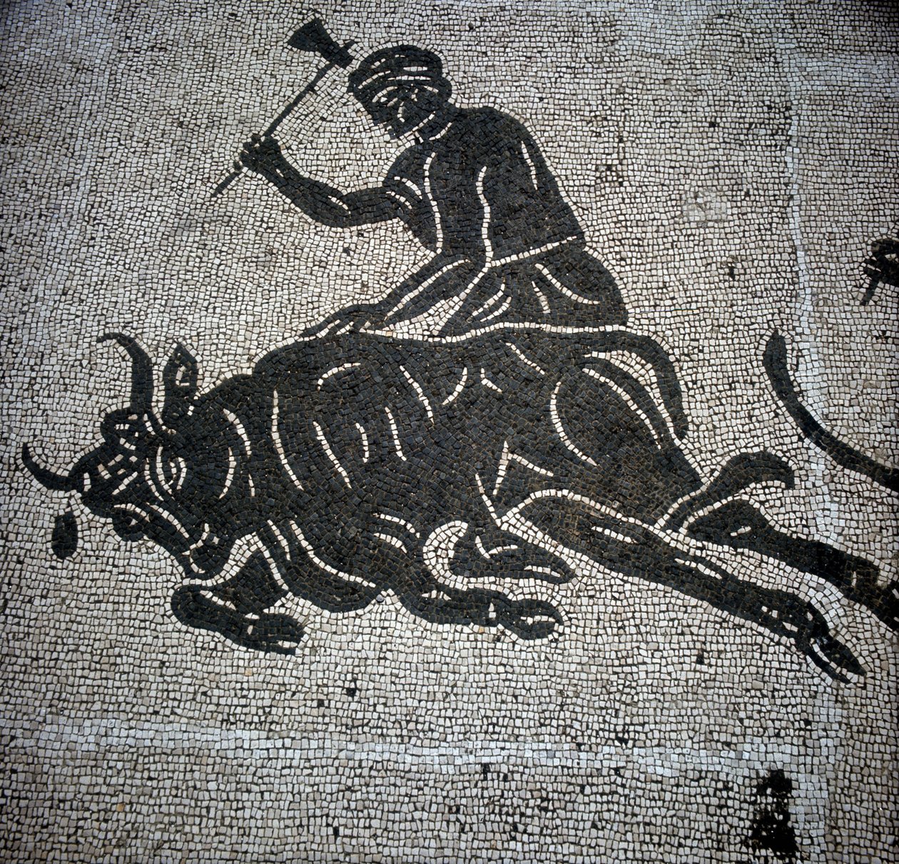 雄牛の屠殺シーンを描いたモザイクで、オスティア（Ostia）（ローマ近郊）で発見された。現在は旧オスティアの消防署に保存されている。 作： ローマンローマン