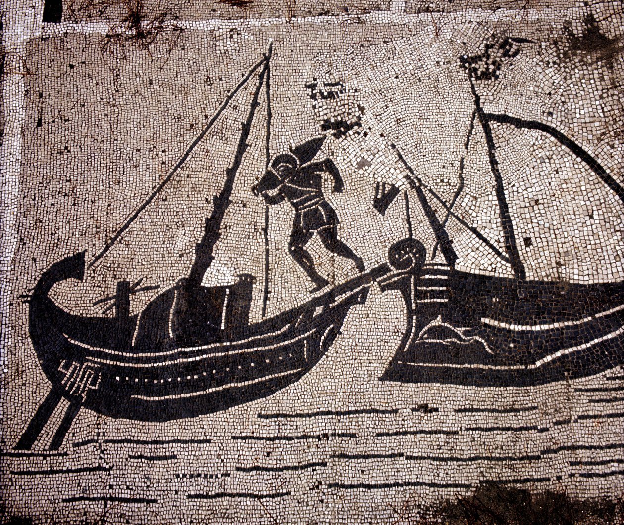 オスティア（Ostia）古代、コーポラス広場のモザイク。船を積む様子。 作： ローマンローマン