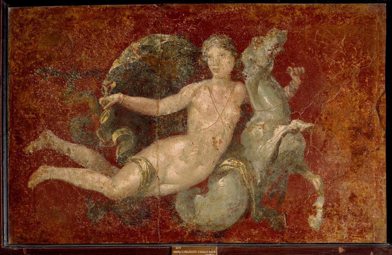 ローマ美術：海馬に乗る女性。スタビアのフレスコ画。ナポリ、Museo Archeologico Nazionale - ローマの芸術：海馬に乗る女性。Stabiaのフレスコ画。イタリア、ナポリ、国立考古学博物館 作： ローマンローマン