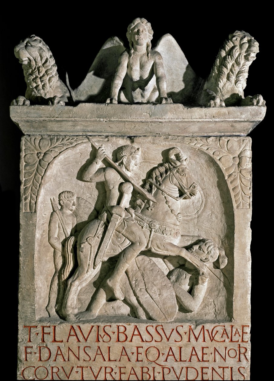ローマ美術：貴族でローマの政治家フラウィウス・バッスス・ヘルクラヌス（449-452年頃に知られる）の葬儀用ステイル（紀元5世紀）。ローマ、ローマ市民博物館 作： ローマンローマン