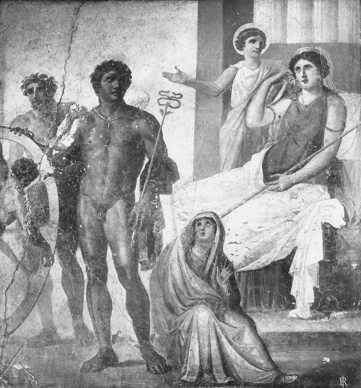 イクシオンの拷問シーン、カーザ・デイ・ヴェッティーイ（ヴェッティーイの家）AD63-79年頃のフレスコ画の詳細（モノクロ写真 作： ローマンローマン