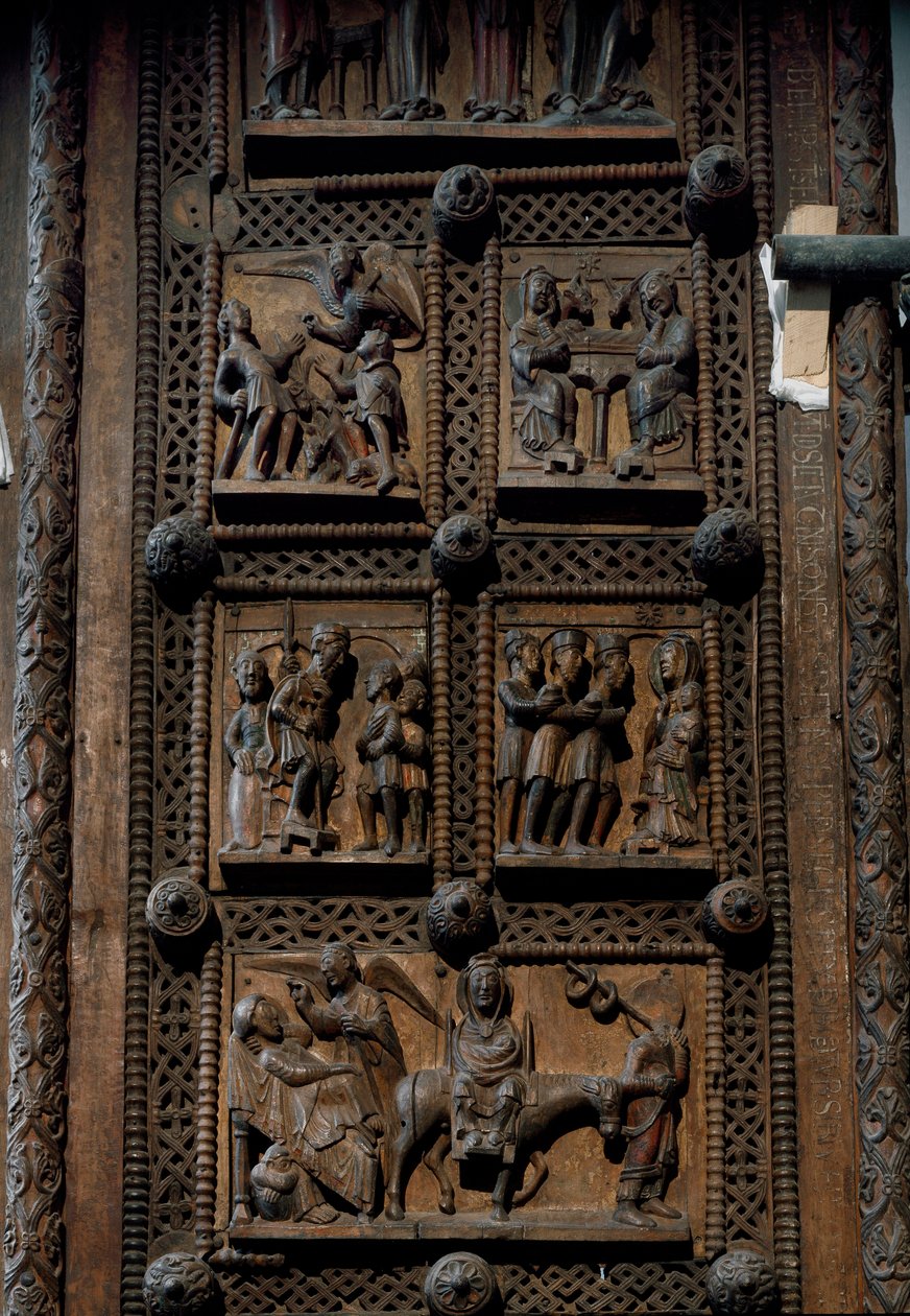 ロマネスク美術：ドイツ・ケルンのカピトルの聖マリア教会（Sankt Maria im Kapitol, Koln）の12世紀中頃の木製扉。羊飼いたちへの告知、キリスト降誕、魔術師の崇拝、キリストの誕生を描いたシーン。 作： ロマネスク