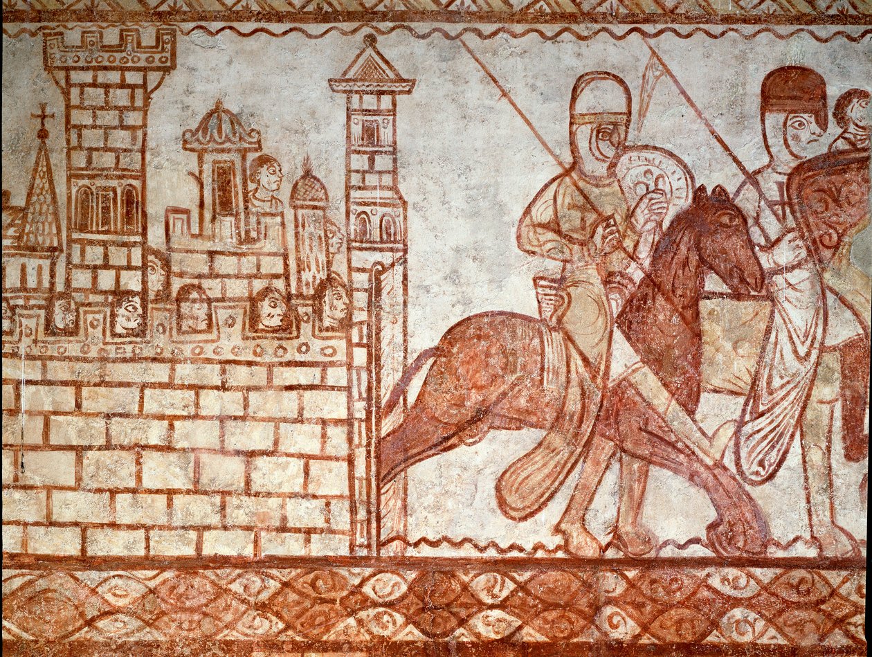 ダマスカスの包囲（クレサック・サン・ジェニのテンプル騎士団の礼拝堂のフレスコ画の詳細 作： ロマネスク
