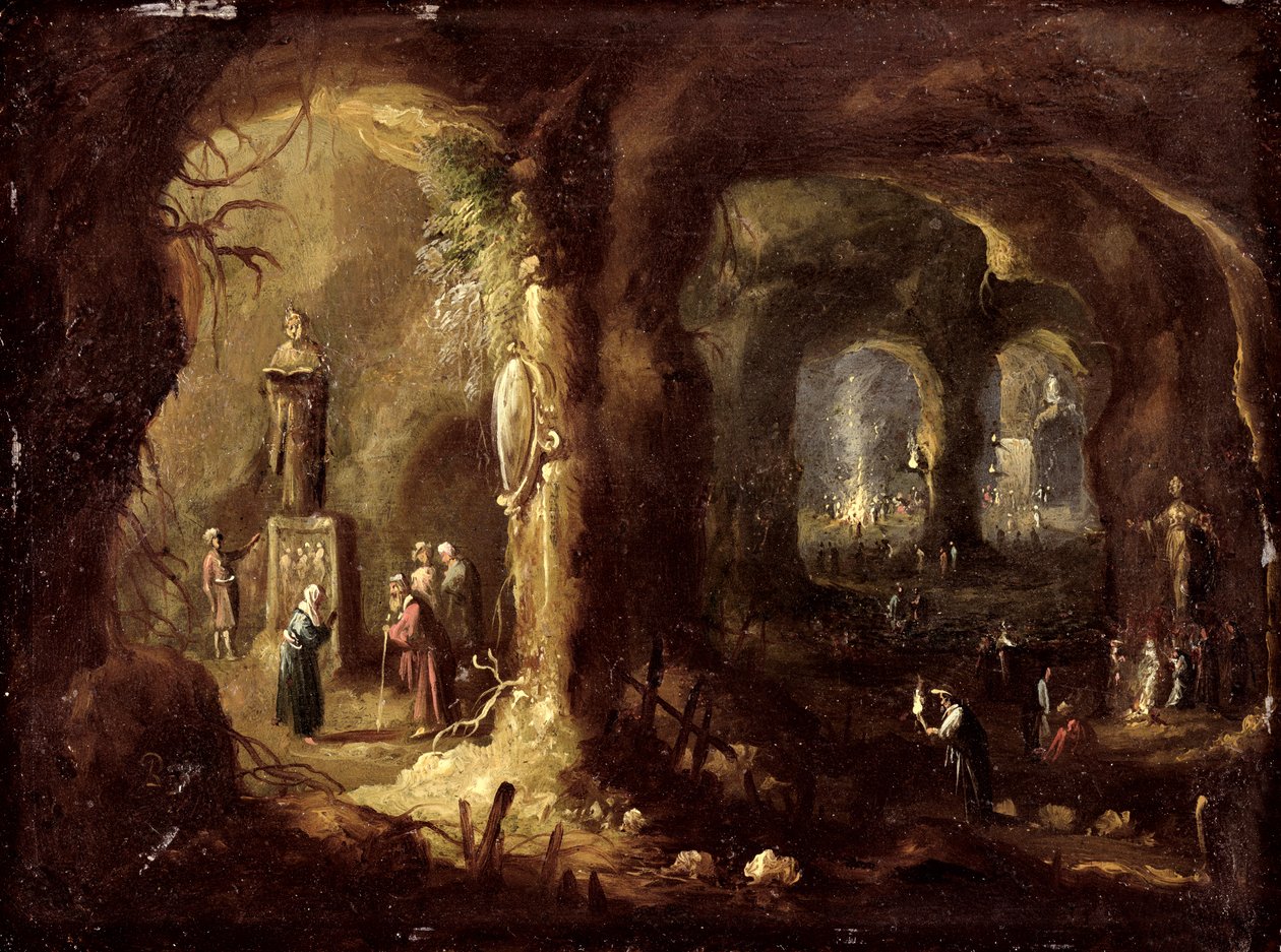 偶像を礼拝する彫像と多数の人物のある洞窟（聖シメオン・シュティリテス） 1640年頃（銅に油彩） 作： ロンバウト・ヴァン・トロイエン