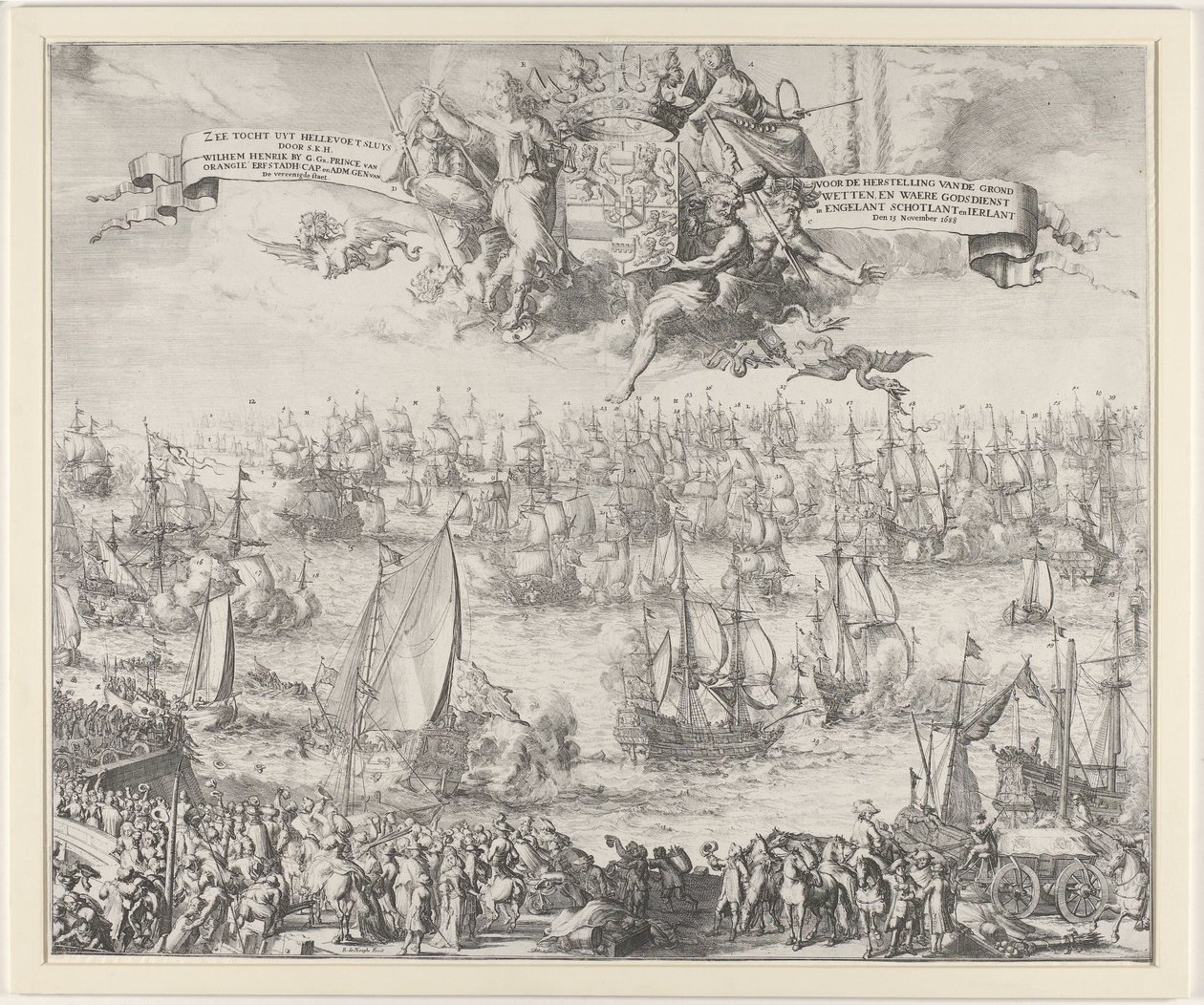 ウィリアム3世のイギリスへの旅、1688年 Sea Tour uyt Hellevoet Sluys by S.K.H. ヴィルヘルム・ヘンリック G. Ga. オランジー・エルフスタッドの王子。 キャップ。 そしてAdm。 遺伝子。 van De vereenigde staet / Engelant Sch における憲法と真の宗教の回復のために 作： Romeyn de Hooghe（のワークショップに起因）