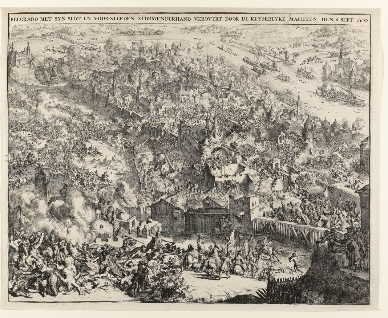 ベオグラードは、1688 年 9 月 6 日、バイエルン選帝侯マクシミリアン エマニュエルによって嵐に見舞われました。 作： ロメイン・デ・ホーゲ