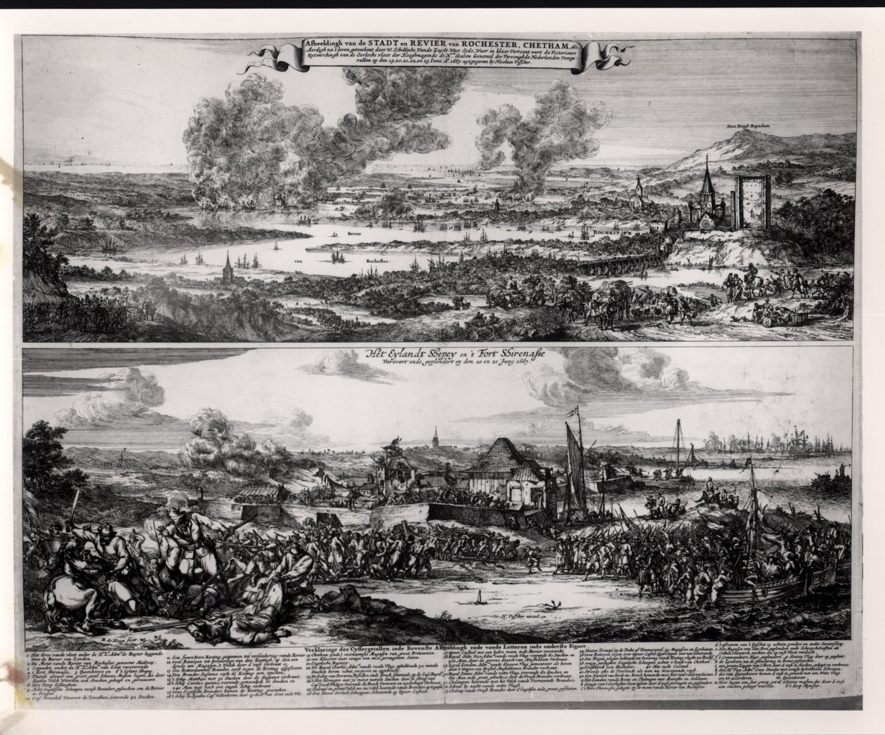 ニコラフィッシャー（1618-1709）によって刻まれたオランダのメドウェイ川攻撃、1667年6月20日および21日 作： ロメイン・デ・ホーゲ