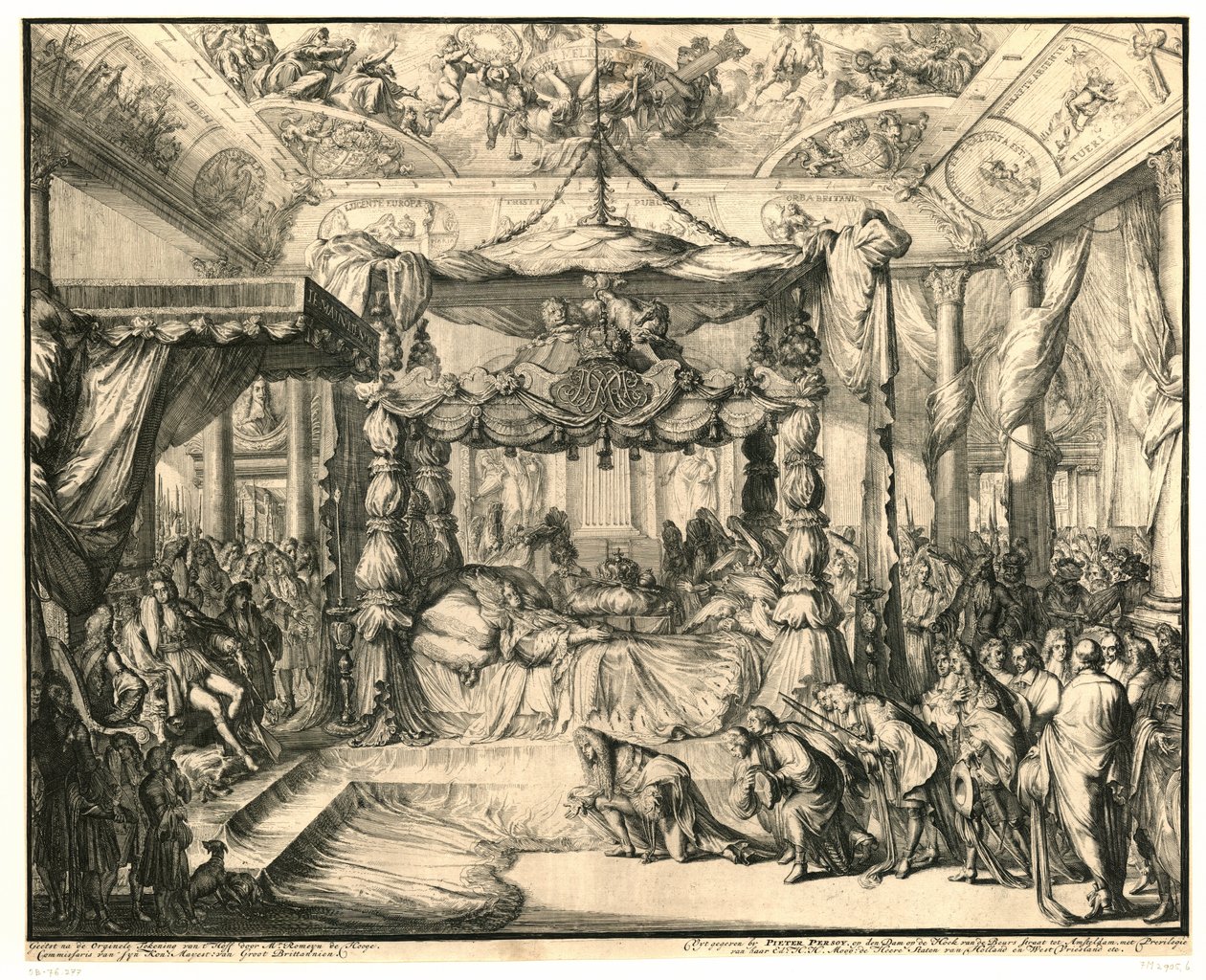 1695 年、彼女の死の床にある女王メアリー 2 世スチュアート イングランド女王メアリー2世スチュアートの死と埋葬、1695年（シリーズタイトル） 作： ロメイン・デ・ホーゲ