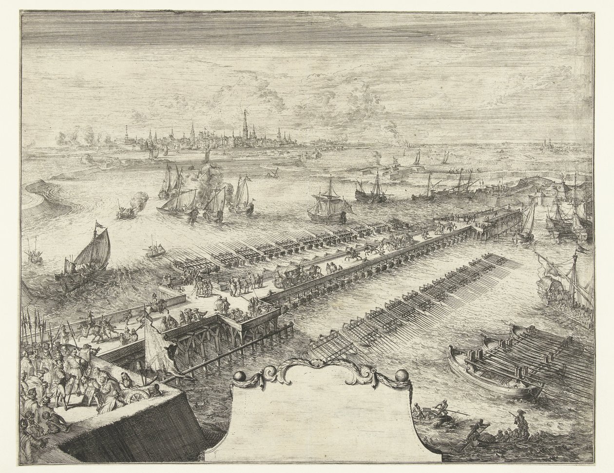 スヘルデに架かるパルマの船橋、1585 年 Guerres de Flandres (シリーズタイトル) 作： ロメイン・デ・ホーゲ