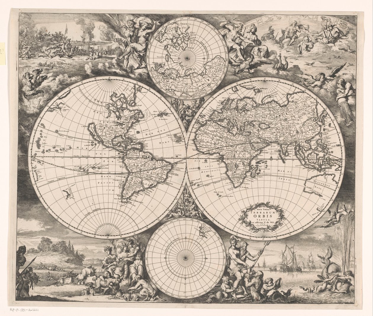 四大元素の寓話が描かれた世界地図 Nova totius terrarum orbis tabula (オブジェクトのタイトル) 作： ロメイン・デ・ホーゲ