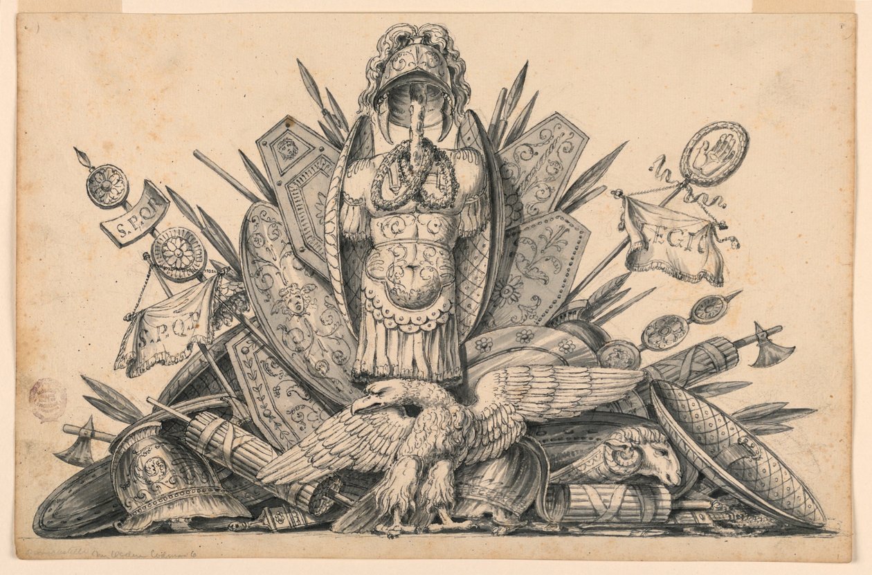 素描、絵画で描かれることを意図した武器のトロフィー、1830-1850年 作： ロモロ・アキレ・リヴァラニ