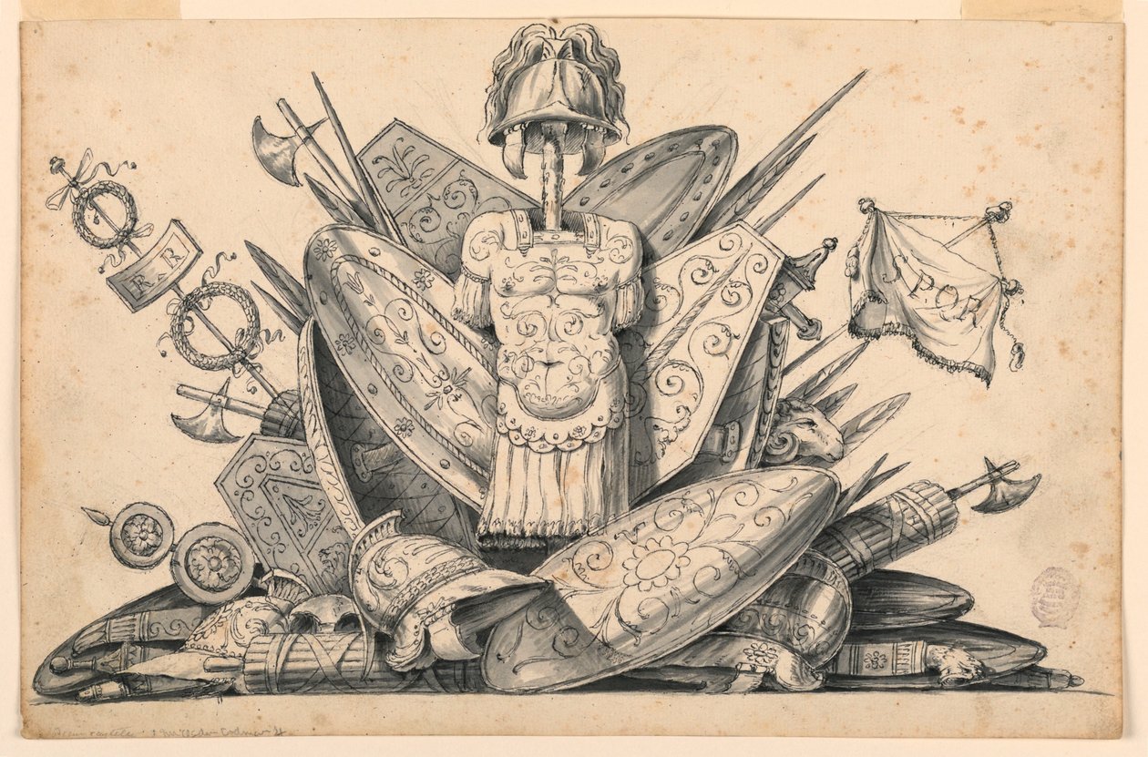 素描、武器のトロフィー、1830-1850年 作： ロモロ・アキレ・リヴァラニ