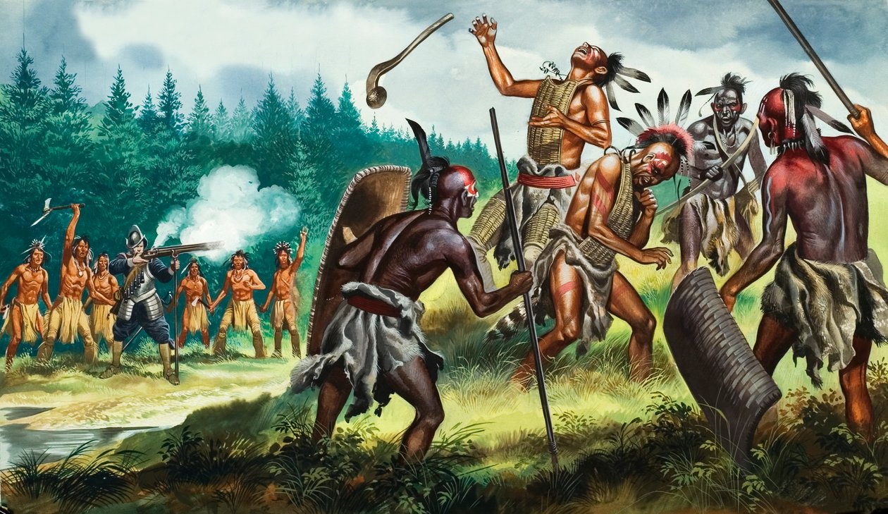 イロコイ連合と戦うイギリス植民地、20世紀（紙にガッシュ画） 作： ロン・エンブルトン