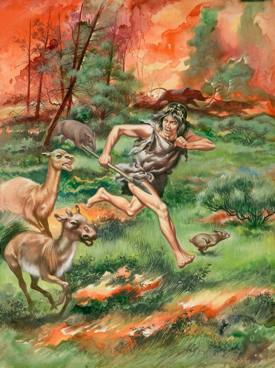 動物とともに火から逃げる石器時代の男（紙にガッシュ） 作： ロン・エンブルトン