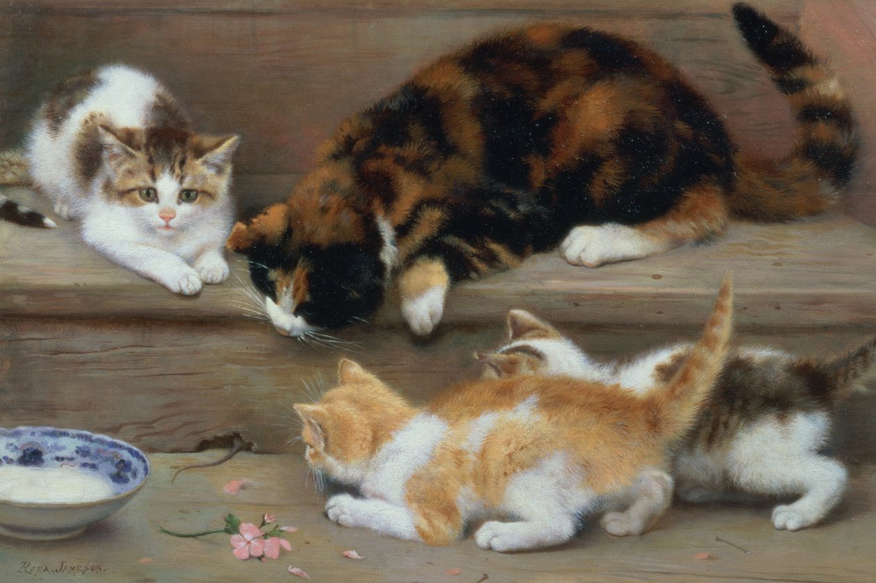 ねずみを追いかける猫と子猫 作： ローザ・ジェイムソン