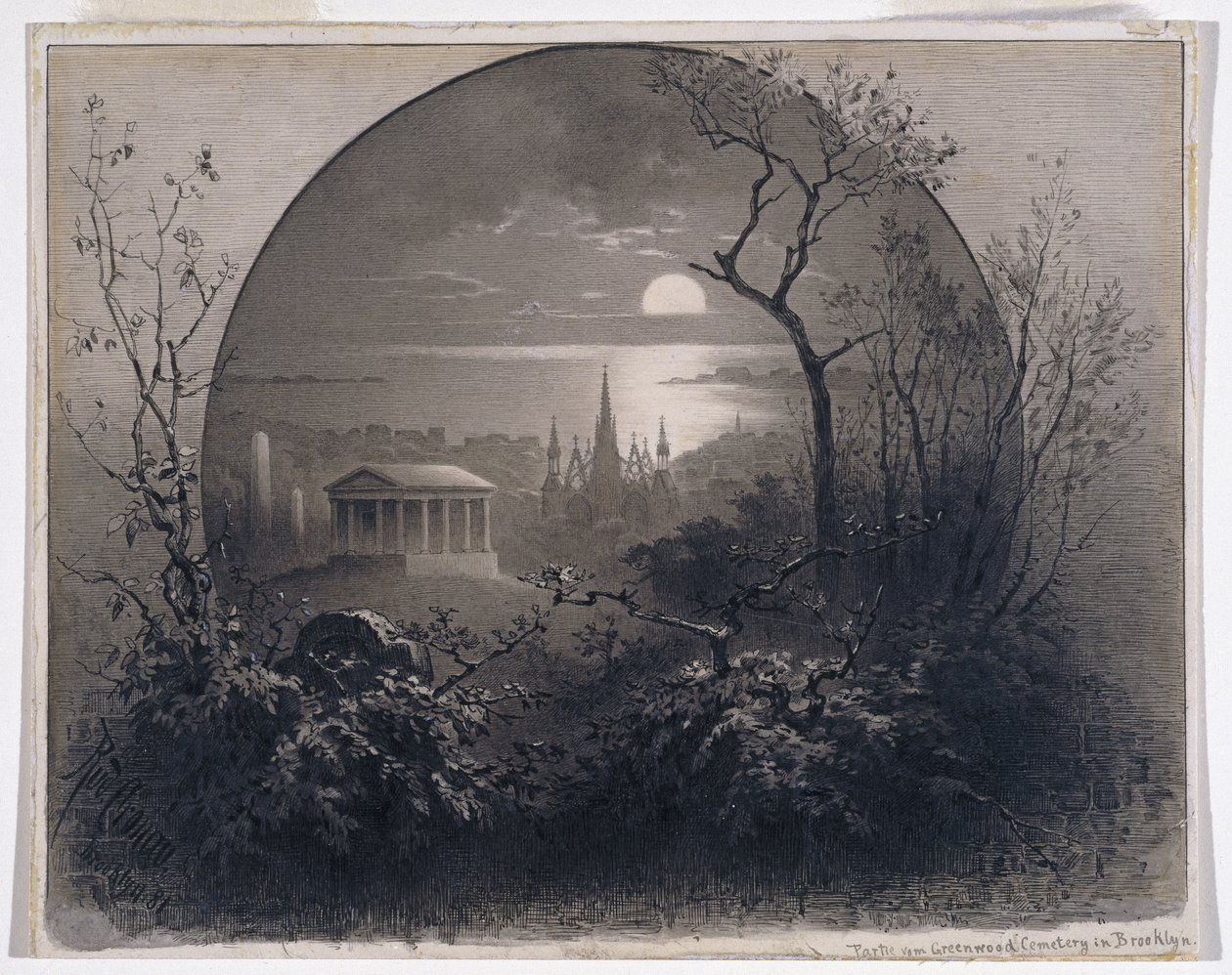 1881年、ブルックリンのグリーンウッド墓地からの眺め（グリザイユインクと紙に洗う） 作： ルドルフ・クロナウ