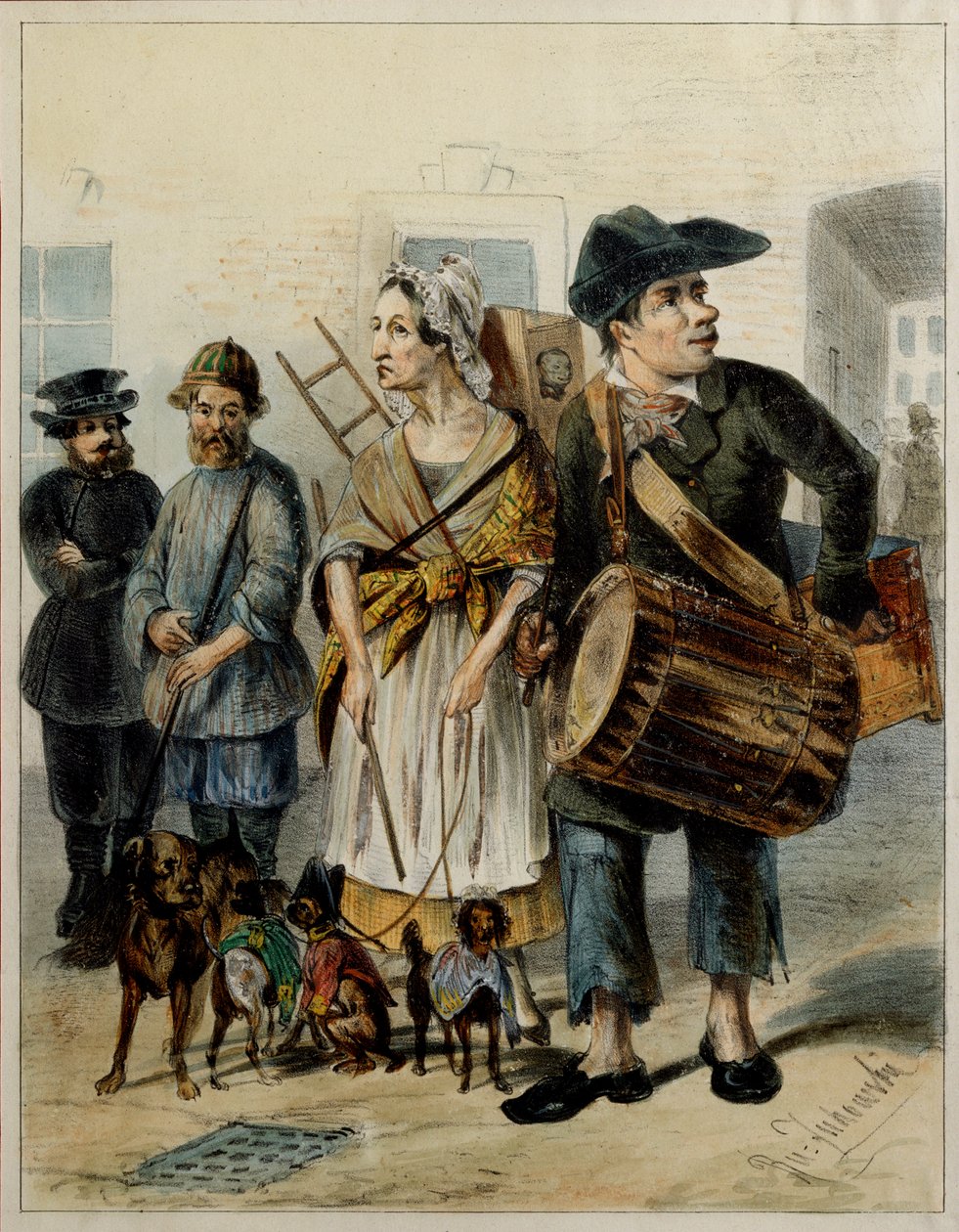 A Servant Takes The Dogs Out - Rudolf Kasimirovich Zhukovsky (1814-1886) によるアートワーク、紙に水彩、インク 作： ルドルフ・カシミロヴィッチ・ジュコフスキー