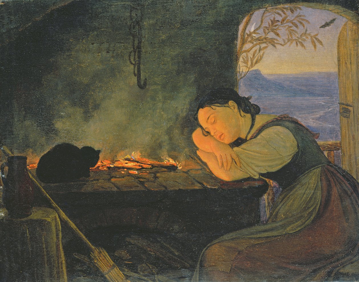 火のそばで眠っている少女、1843 作： ルドルフ・フリードリヒ・ワスマン